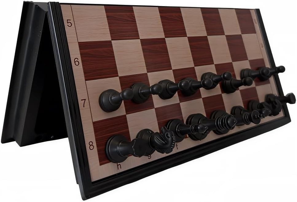 Brown folding magnetic chess set.