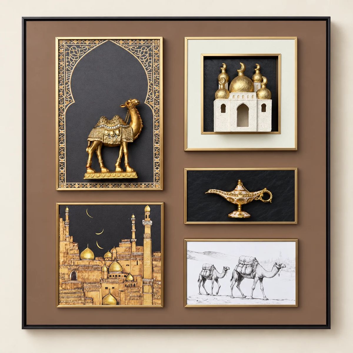 Arabian Wall Art with Raised Camel Objects, front view of the complete framed artwork