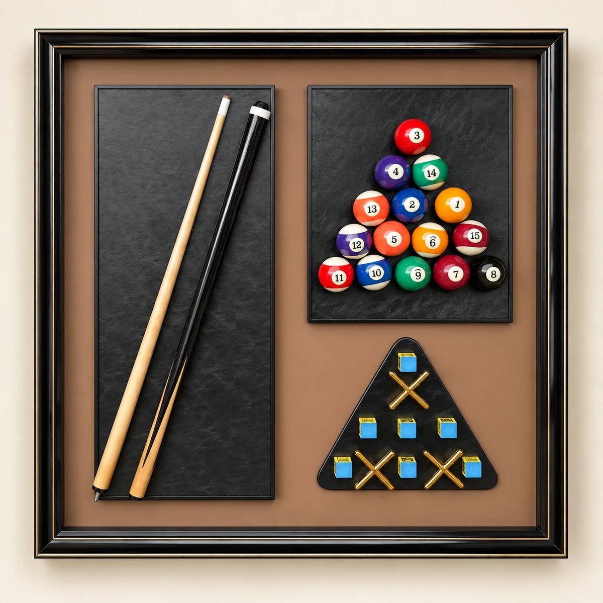 Games Room Wall Art with Real Pool Balls, front view of the complete framed artwork