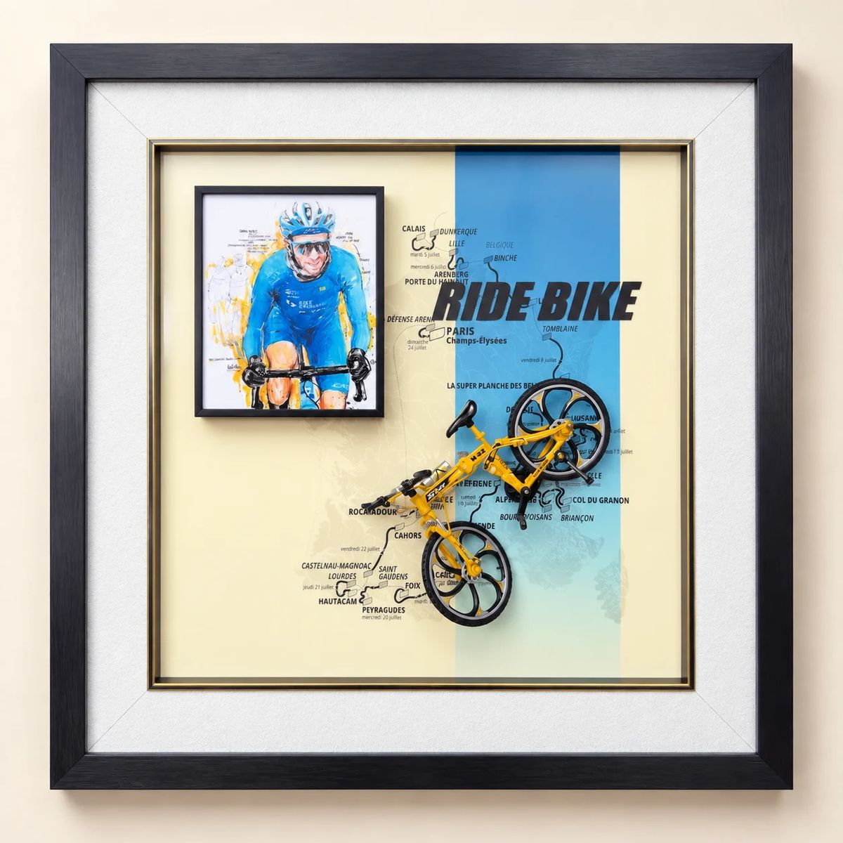Framed Cycling Wall Art with Miniature Bicycle | 54cm