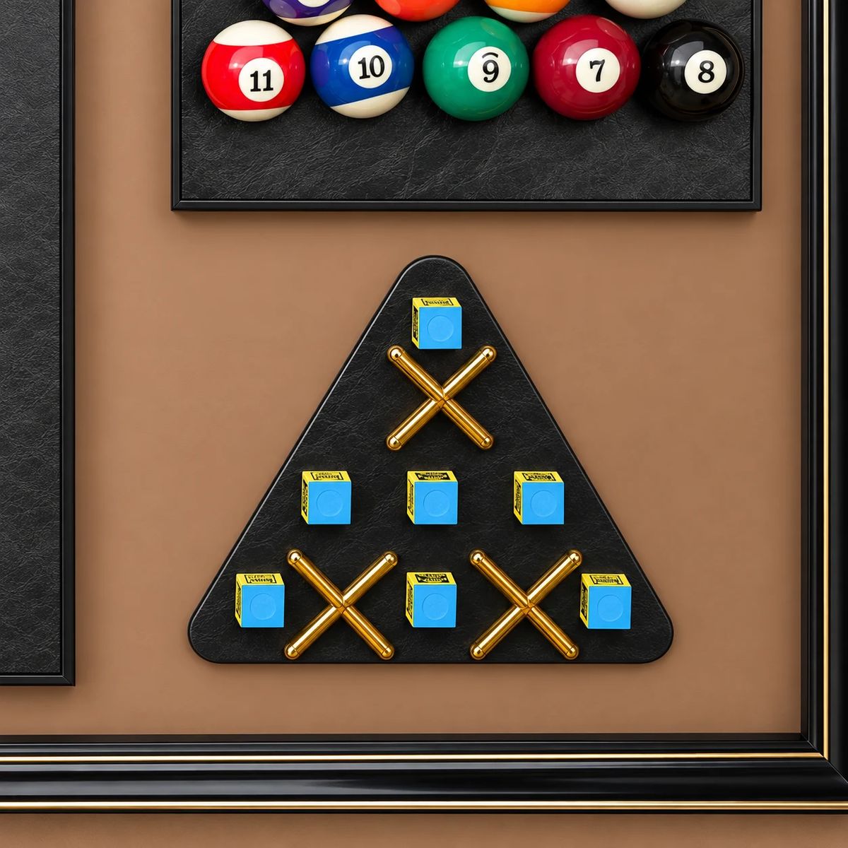 Games Room Wall Art with Real Pool Balls, close view showing raised physical objects