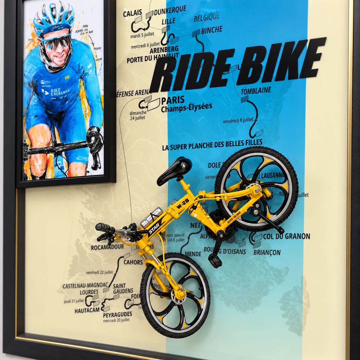 Framed Cycling Wall Art with Miniature Bicycle | 54cm