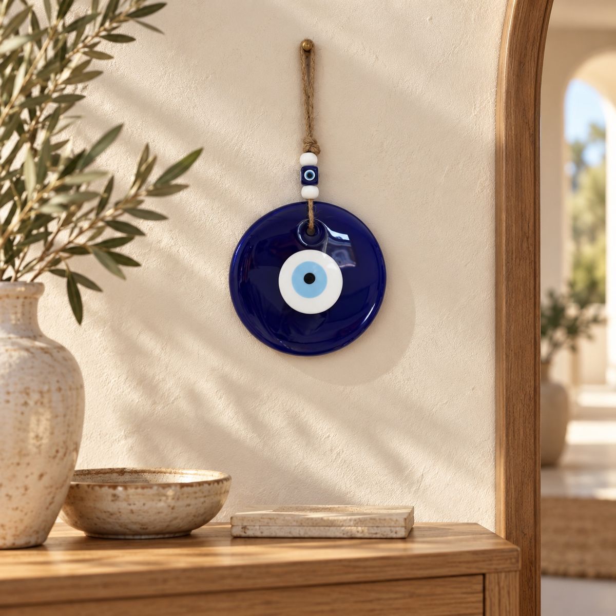 Turkish evil eye glass wall hanging displayed in an indoor entrance setting