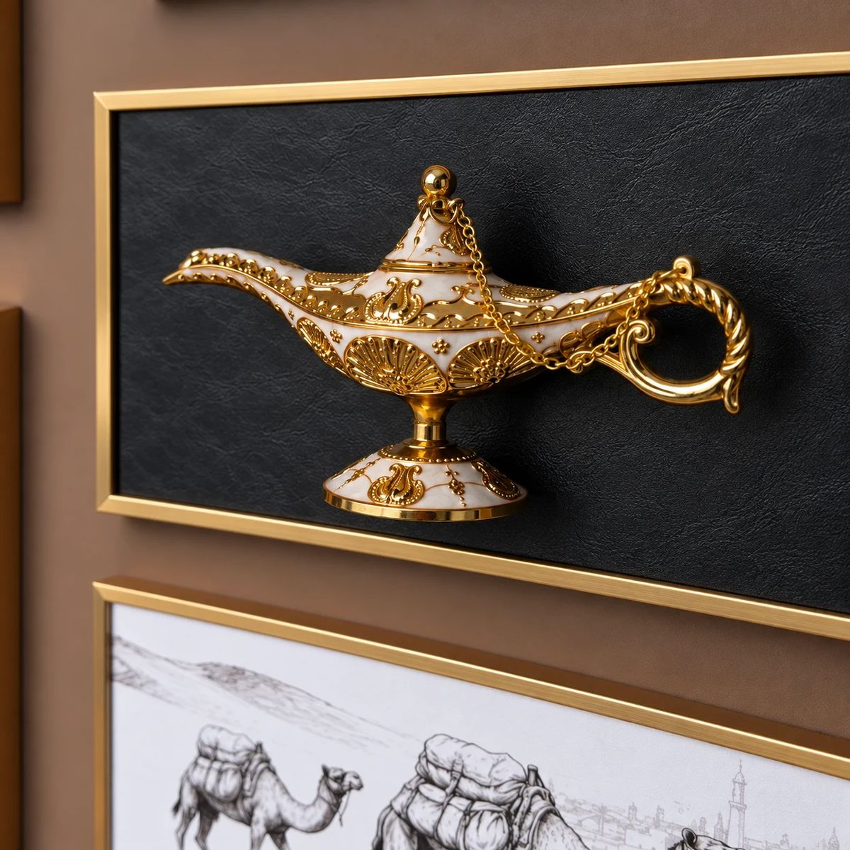 Arabian Wall Art with Raised Camel Objects, detail view of the layered composition