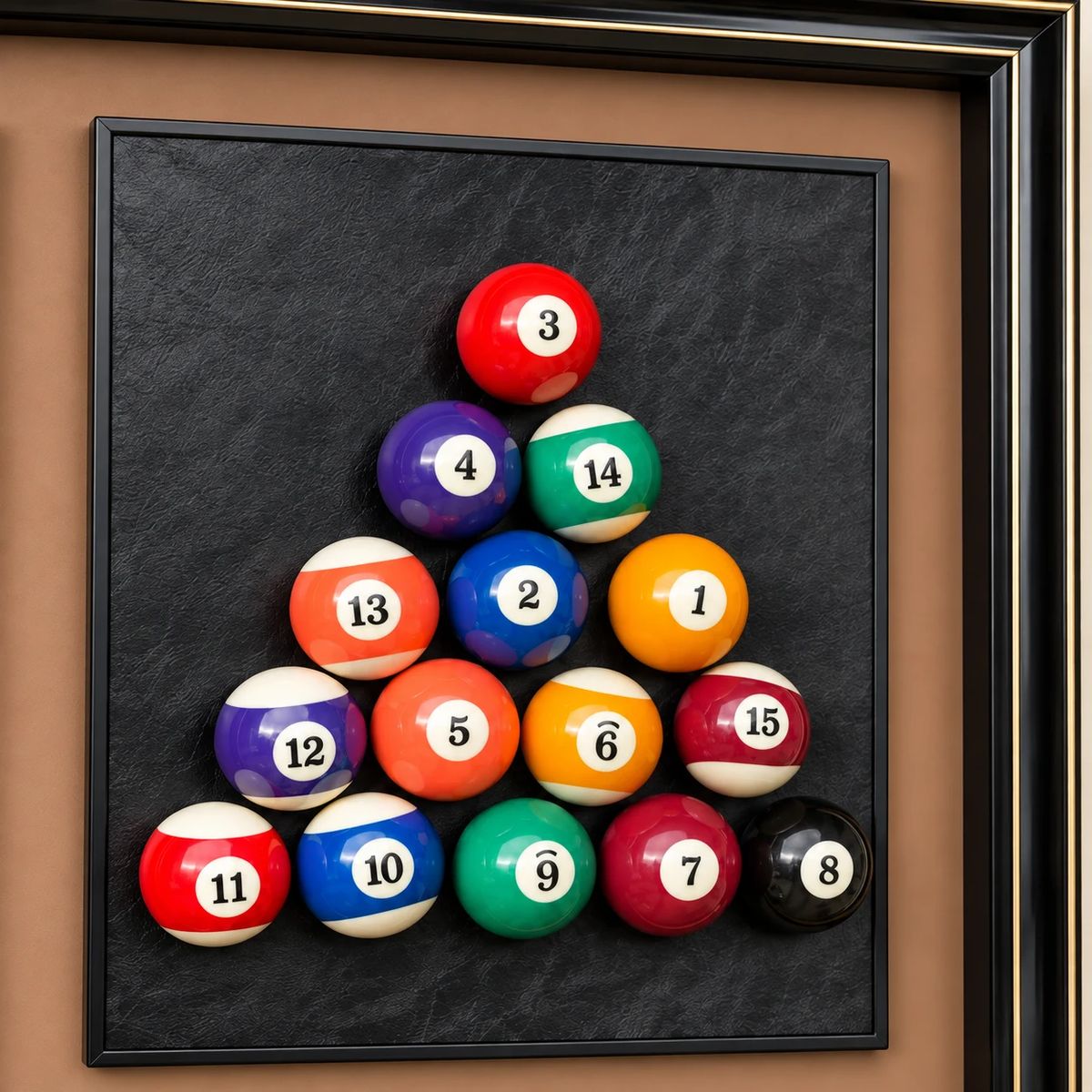 Games Room Wall Art with Real Pool Balls, detail view of the layered composition