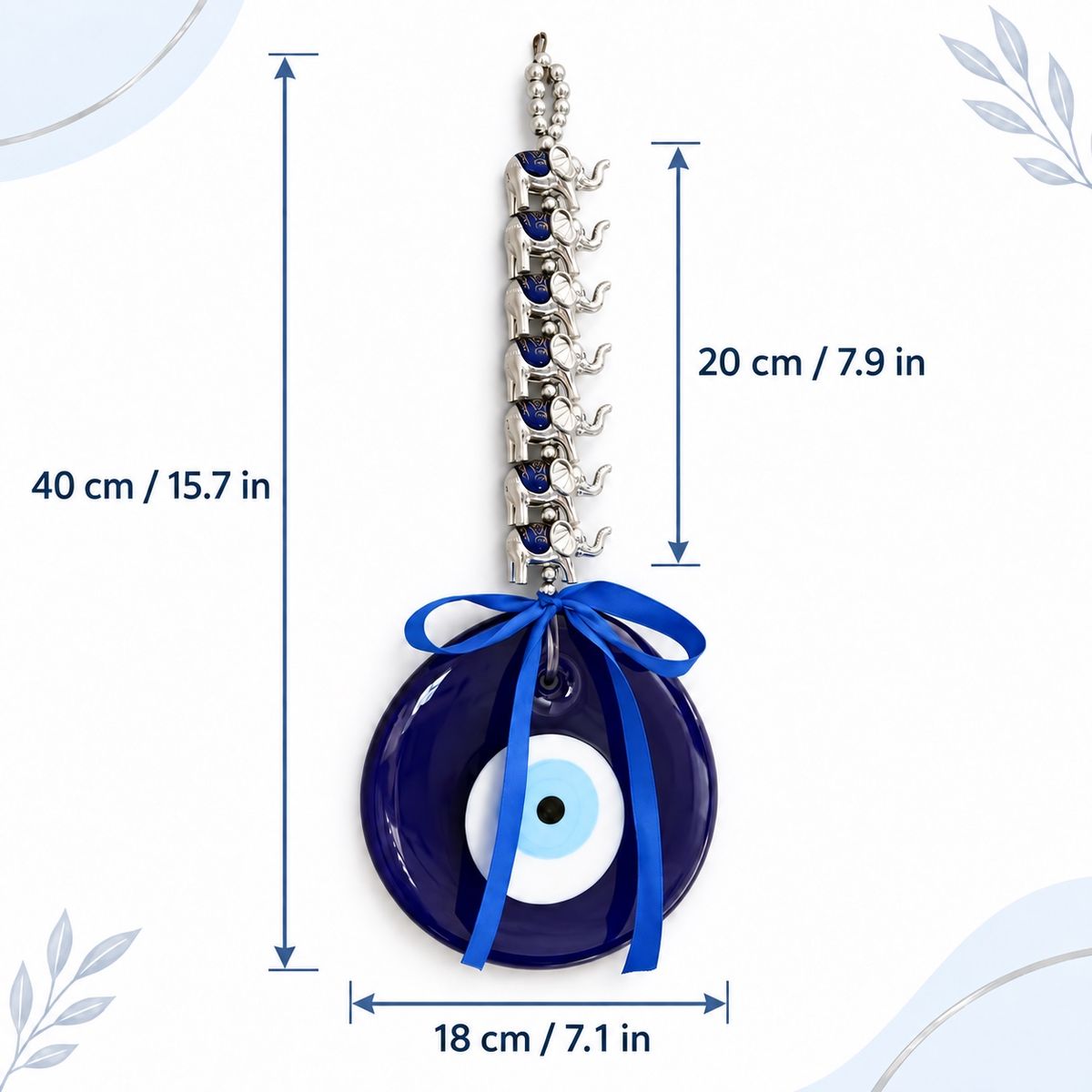 Dimension graphic showing the evil eye wall hanging at 18 cm wide and 40 cm high