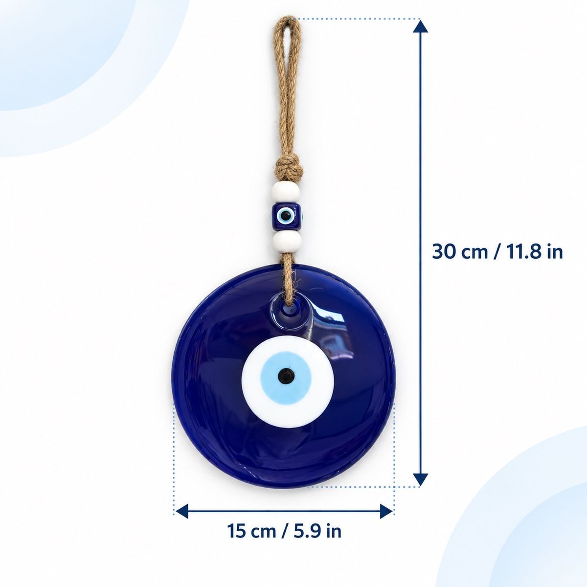 Dimension graphic showing the evil eye wall hanging at 15 cm wide and 30 cm high