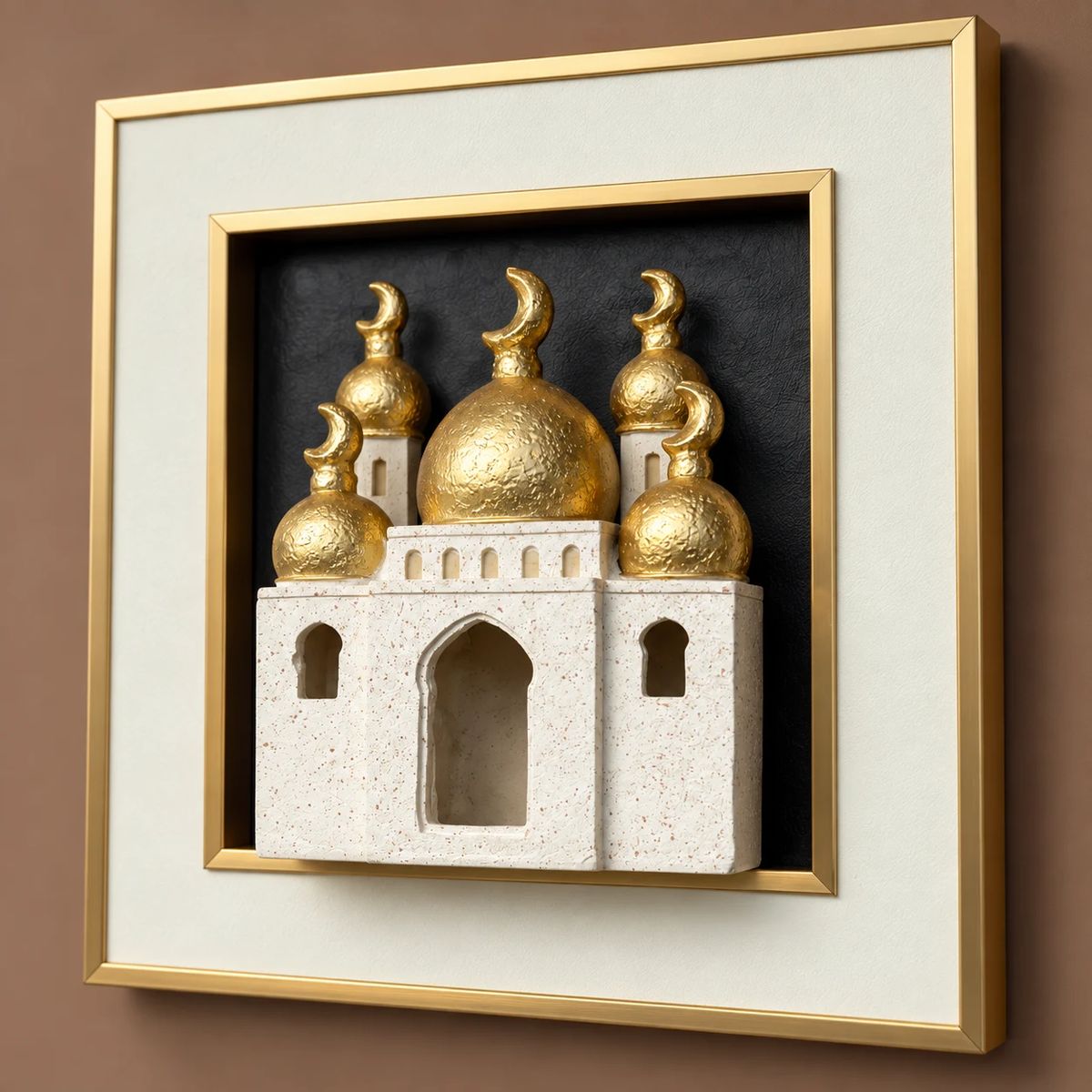 Arabian Wall Art with Raised Camel Objects, angled close view showing frame depth