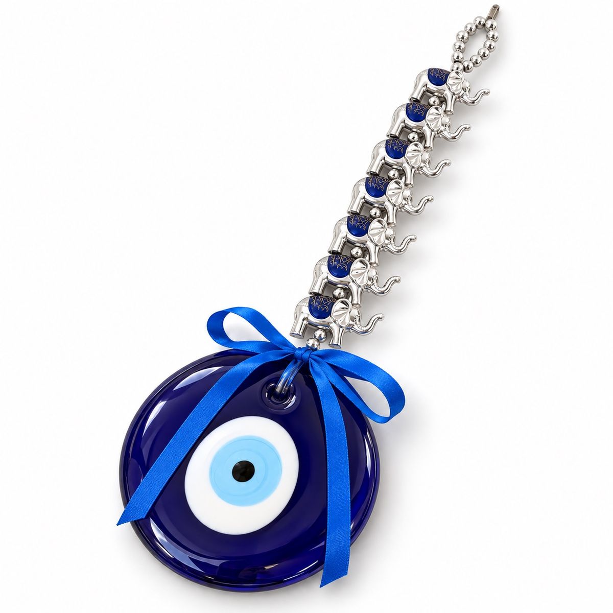Angled close-up of the blue glass evil eye, elephant accents and satin bow