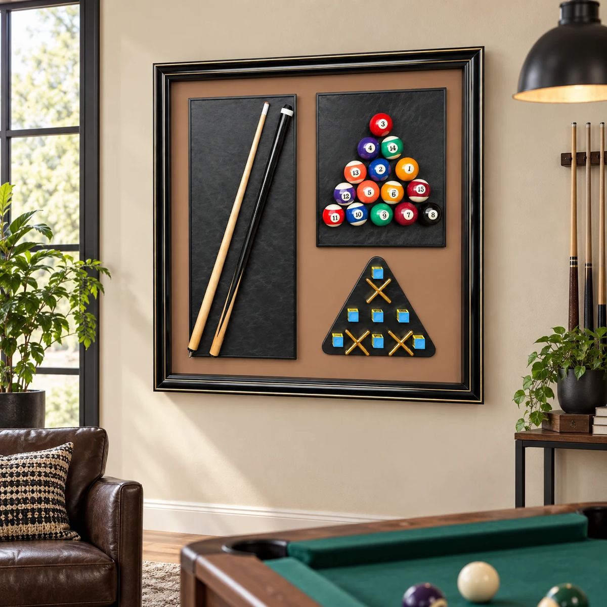 Games Room Wall Art with Real Pool Balls, additional object detail inside the frame