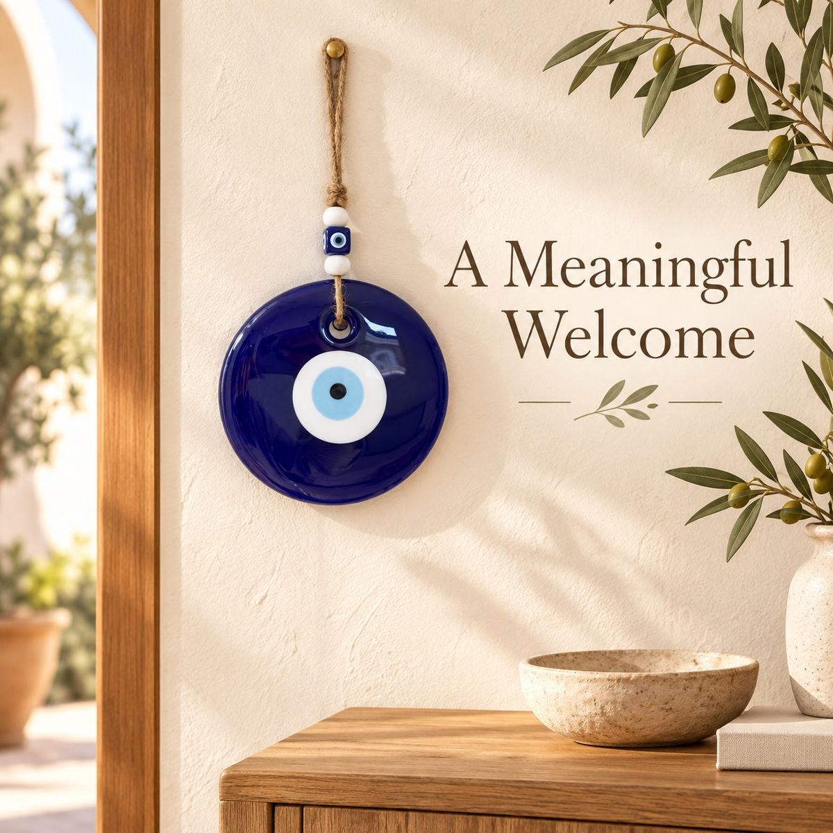 Turkish evil eye glass wall hanging displayed as a meaningful welcome accent