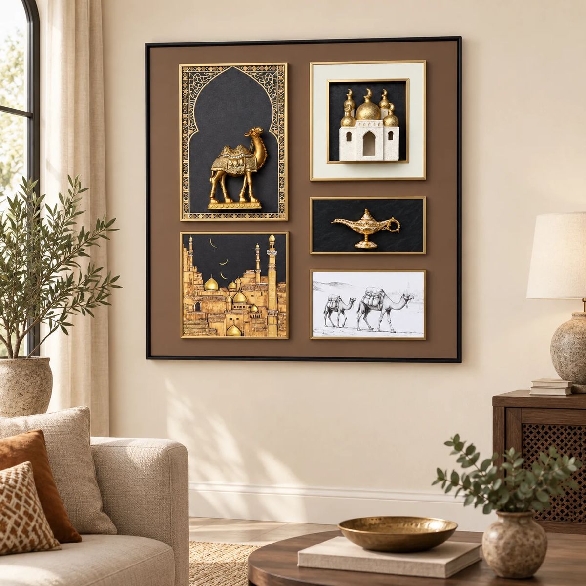 Arabian Wall Art with Raised Camel Objects, displayed in a realistic living interior