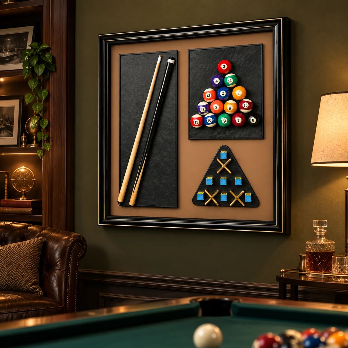 Games Room Wall Art with Real Pool Balls, displayed in a realistic living interior