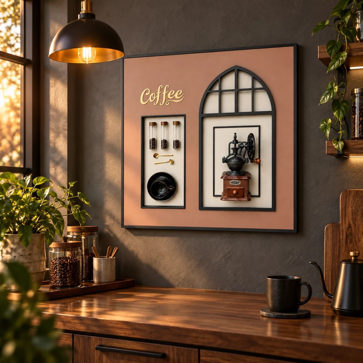 Framed Coffee Wall Art with Real Grinder | 80cm 3D Artwork