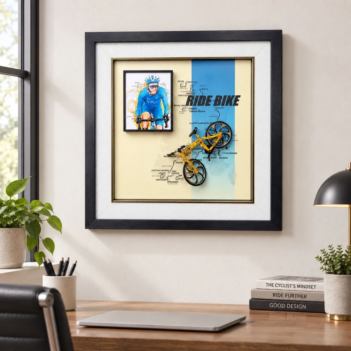 Framed Cycling Wall Art with Miniature Bicycle | 54cm