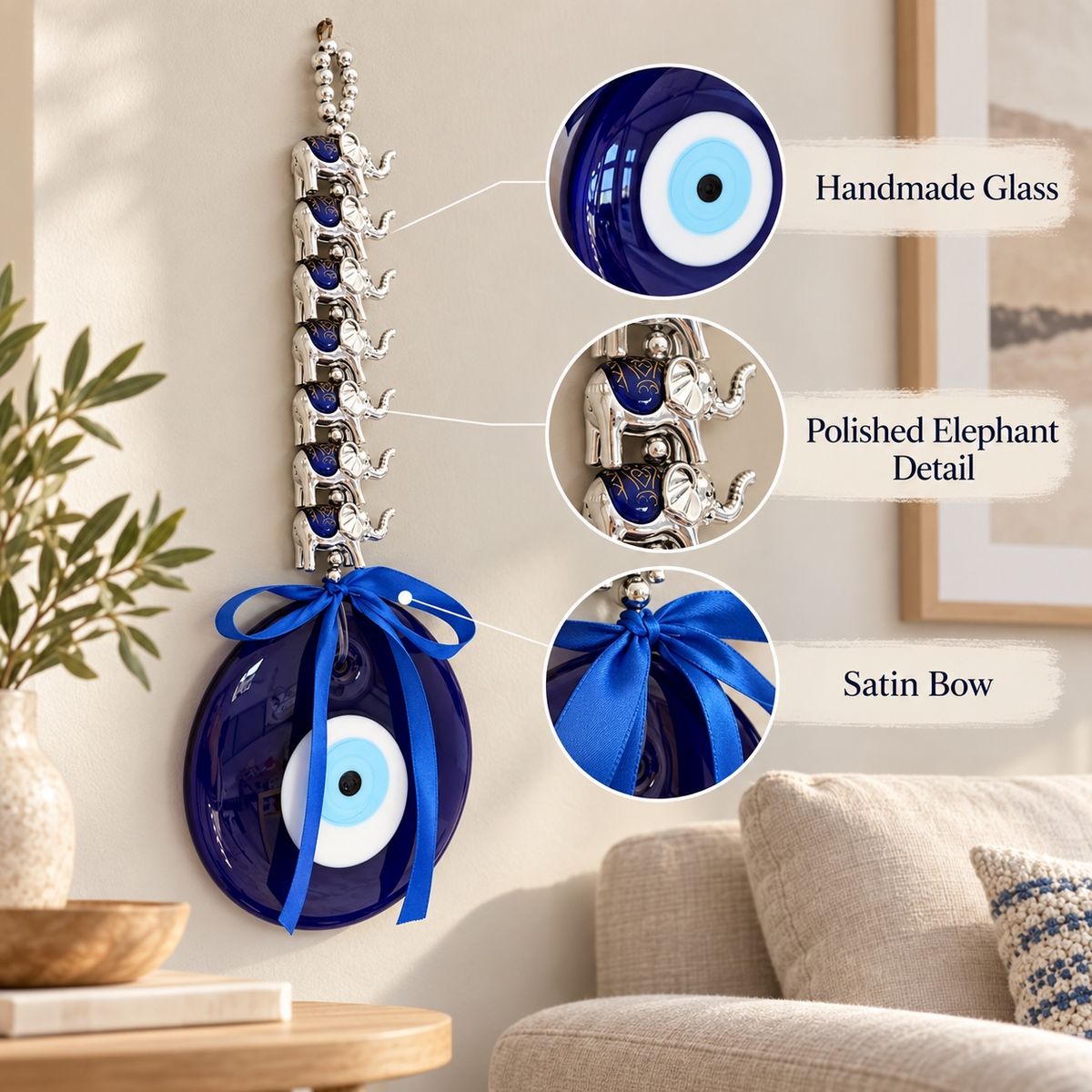 Close-up labelling the handmade glass eye, polished elephant detail and satin bow