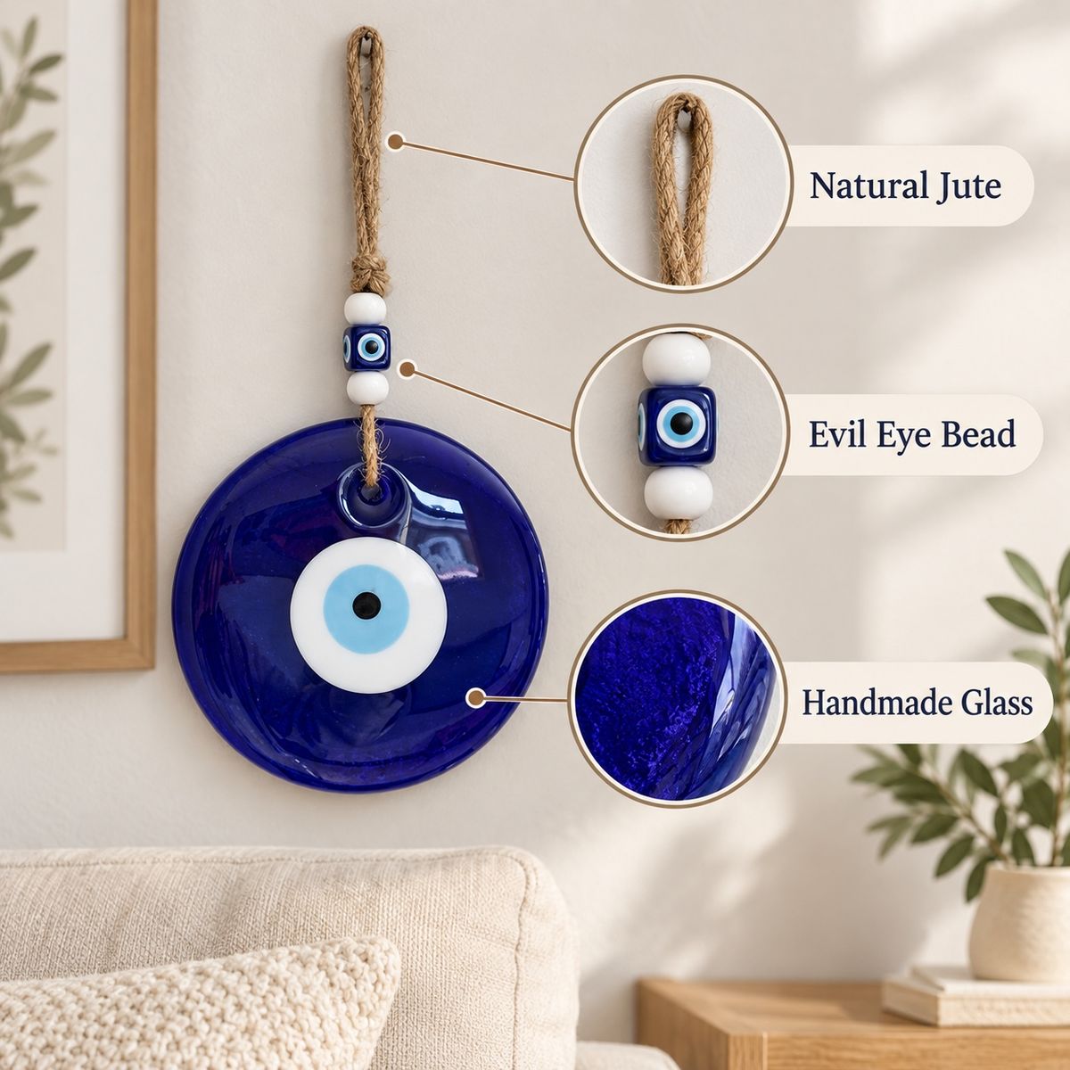 Material detail showing handmade glass, natural jute and the evil-eye bead