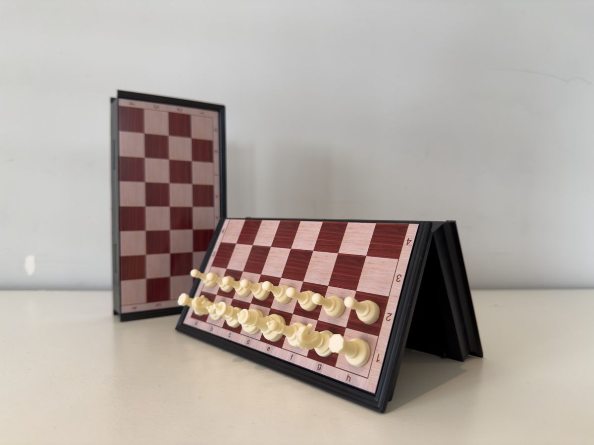 Brown folding chess set angle.