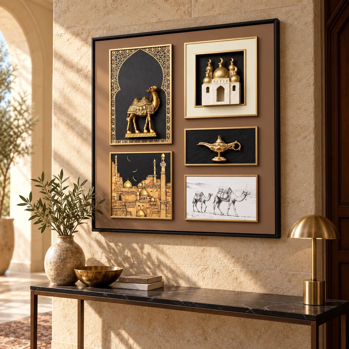 Arabian Wall Art with Raised Camel Objects, styled as a statement wall feature