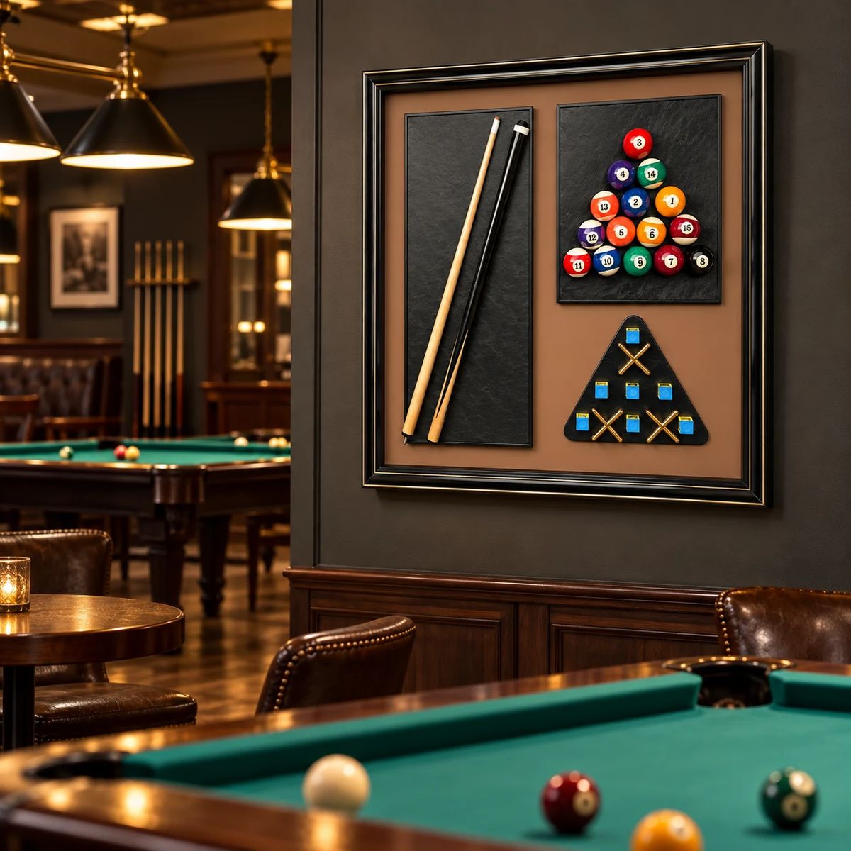 Games Room Wall Art with Real Pool Balls, styled as a statement wall feature