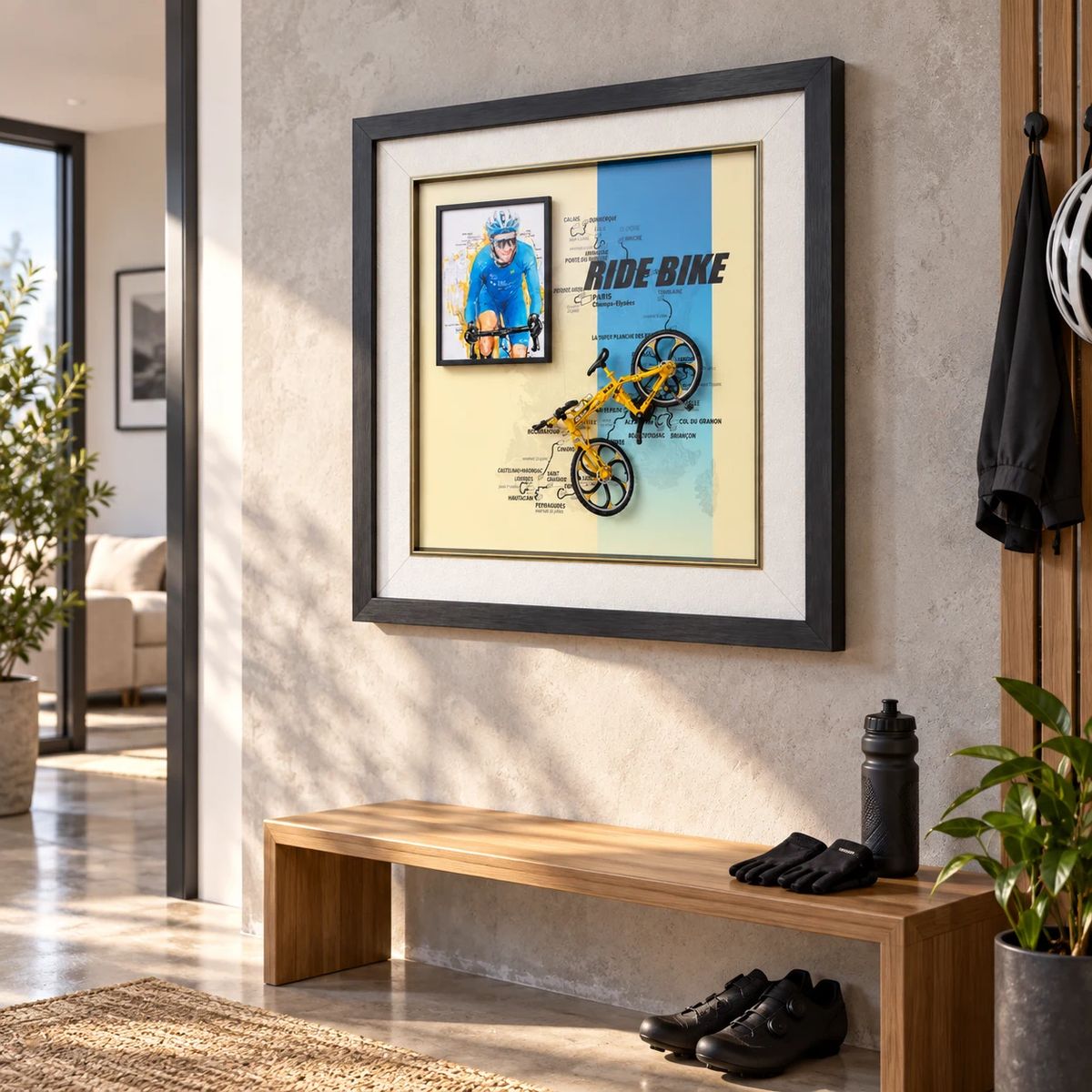 Framed Cycling Wall Art with Miniature Bicycle | 54cm