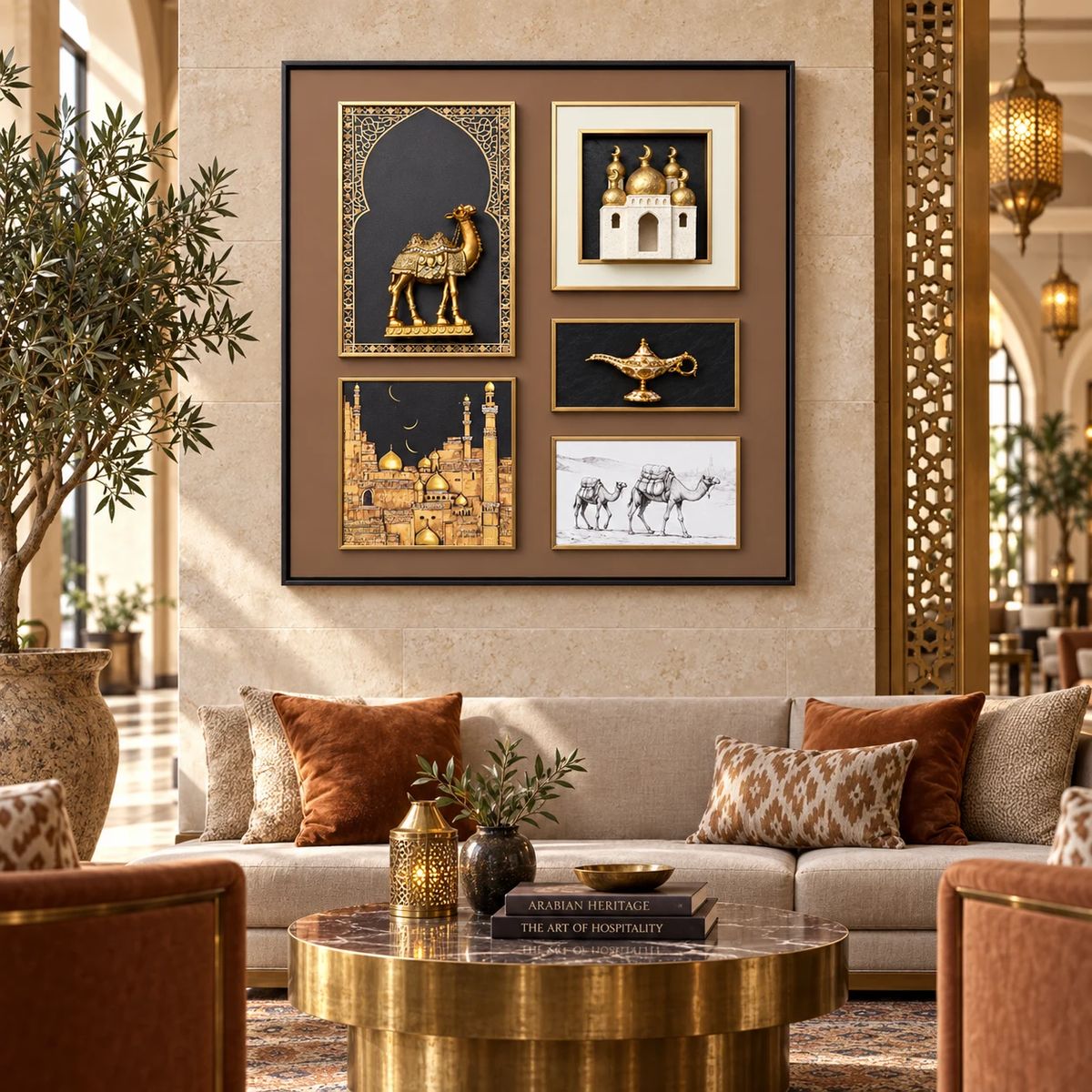 Arabian Wall Art with Raised Camel Objects, shown in a professional commercial space