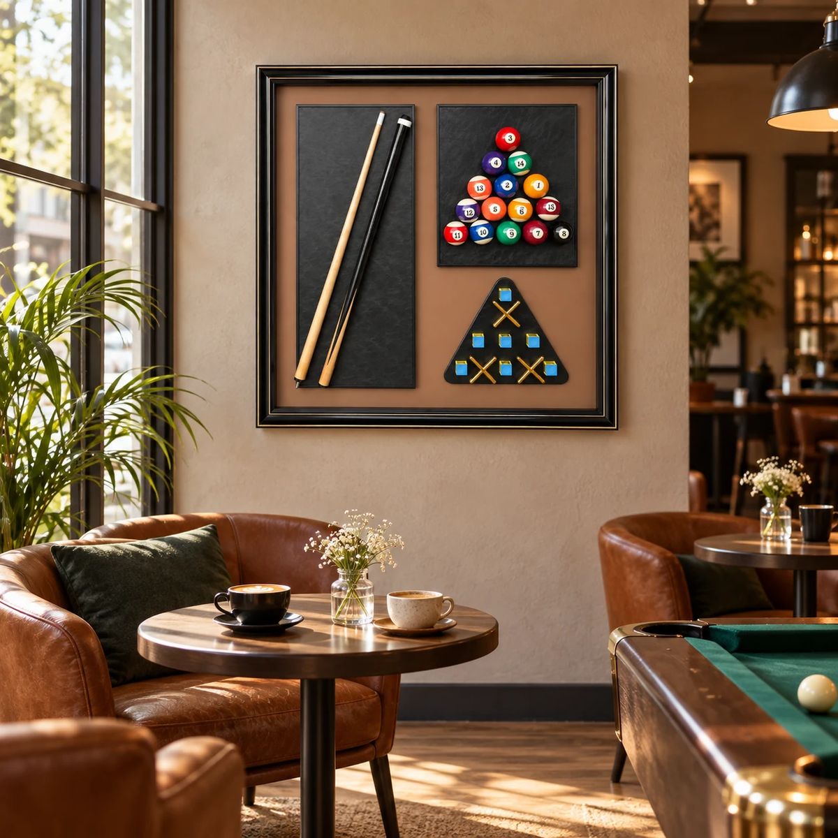 Games Room Wall Art with Real Pool Balls, shown in a professional commercial space