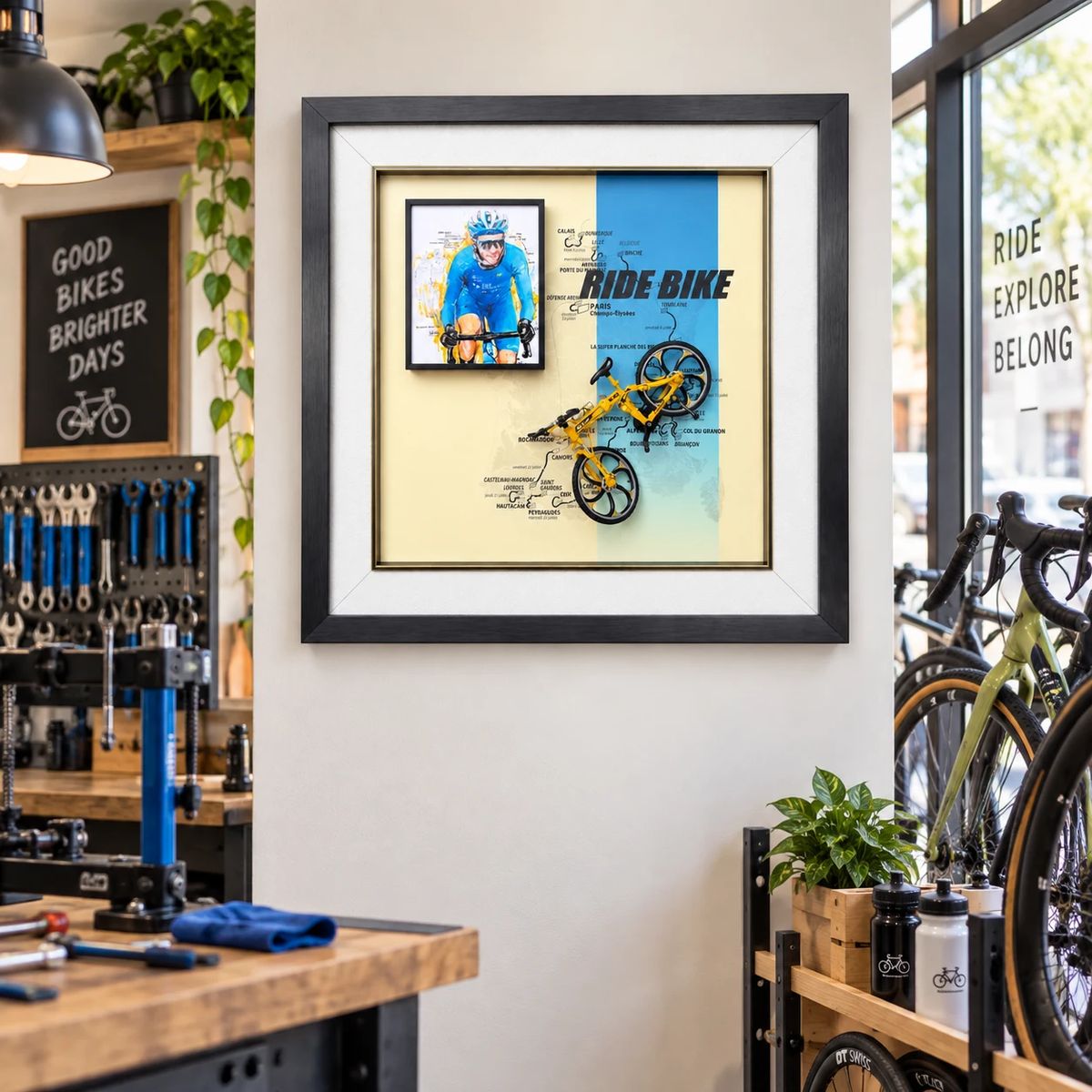 Framed Cycling Wall Art with Miniature Bicycle | 54cm