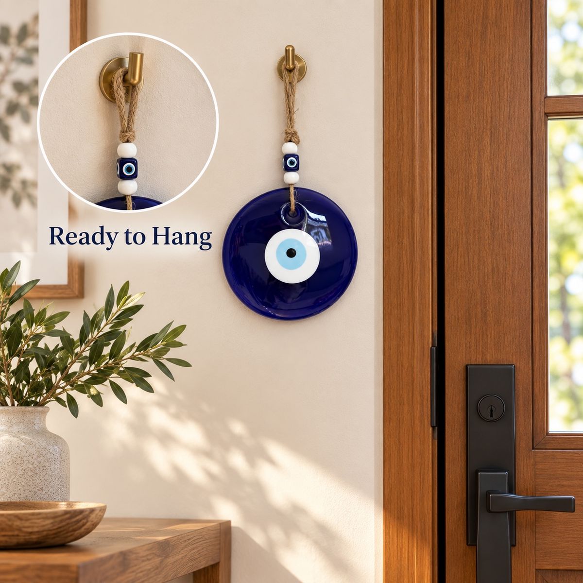 Natural jute loop showing the Turkish evil eye wall hanging ready to hang
