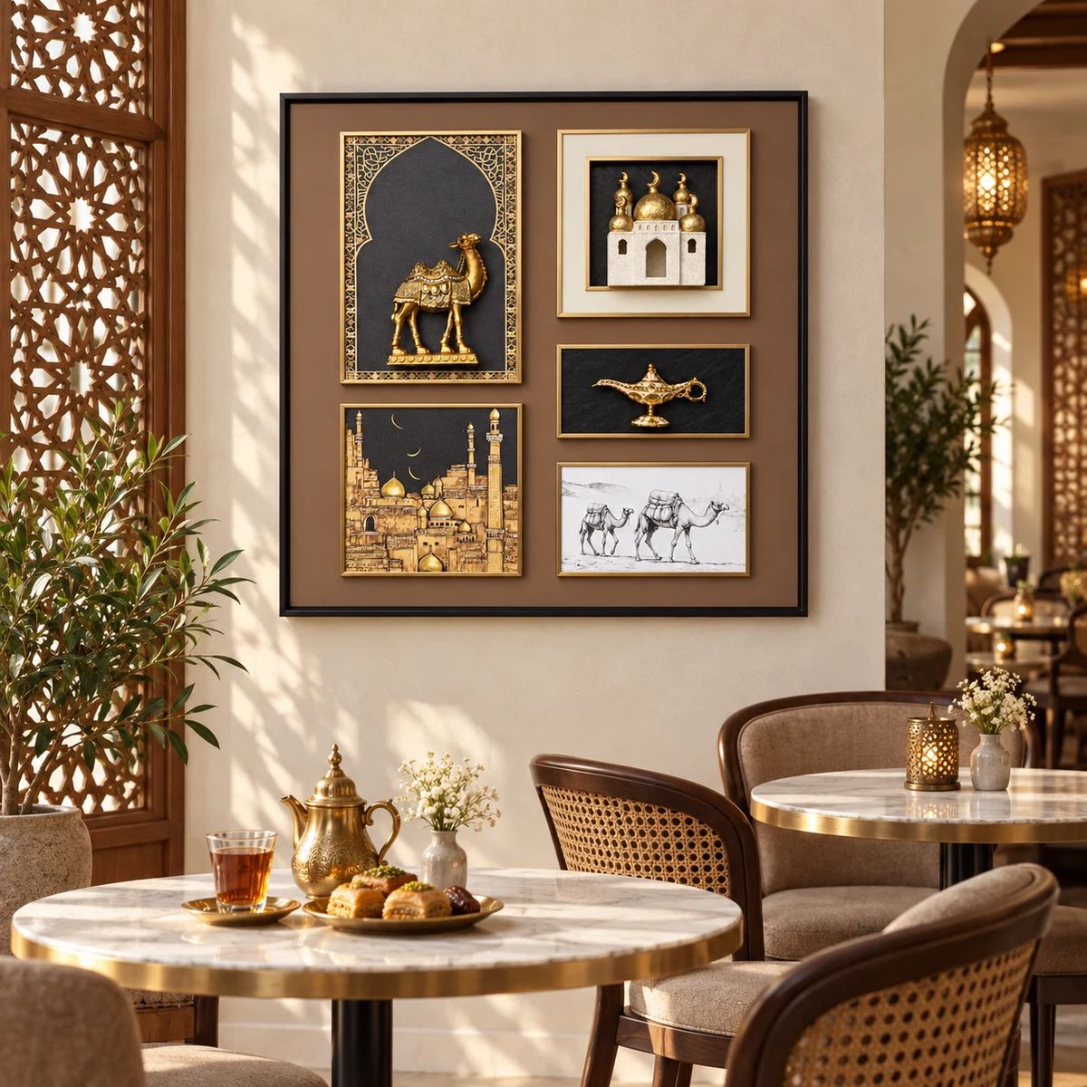 Arabian Wall Art with Raised Camel Objects, displayed in a café or hospitality setting