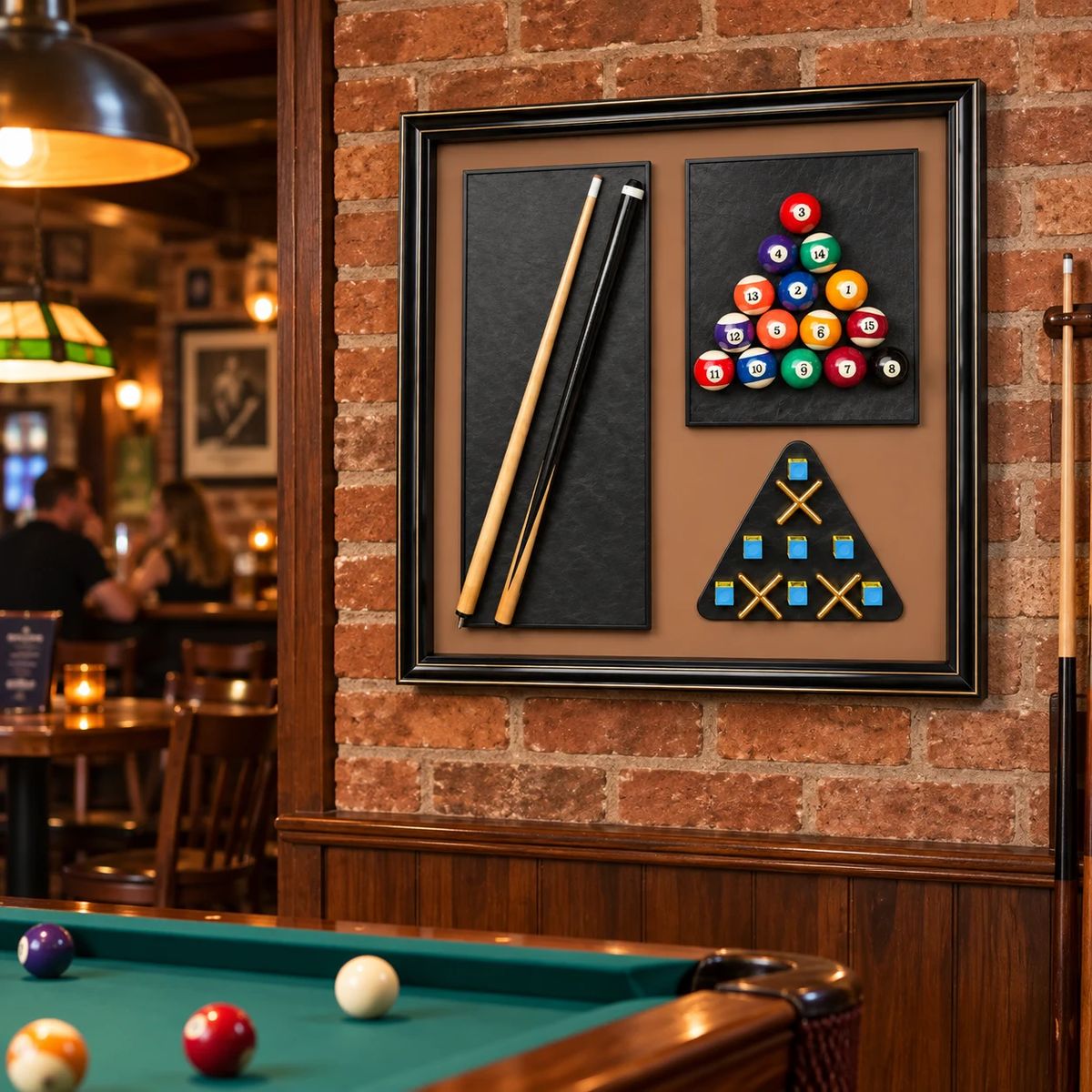 Games Room Wall Art with Real Pool Balls, displayed in a café or hospitality setting