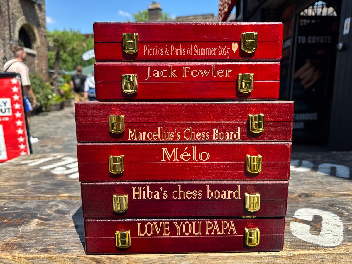 Personalized wooden chess case engraving examples.