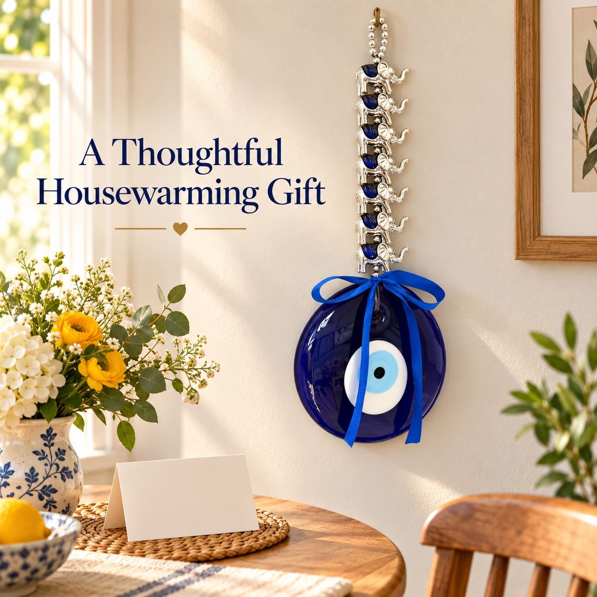 Blue evil eye and elephant wall hanging presented as a housewarming gift