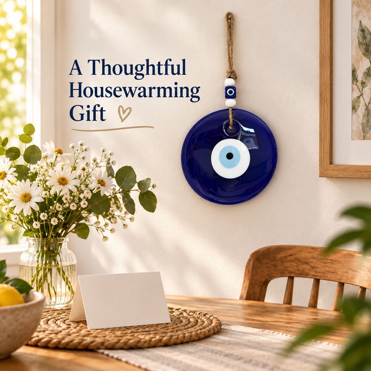 Blue glass evil eye wall hanging presented as a housewarming gift