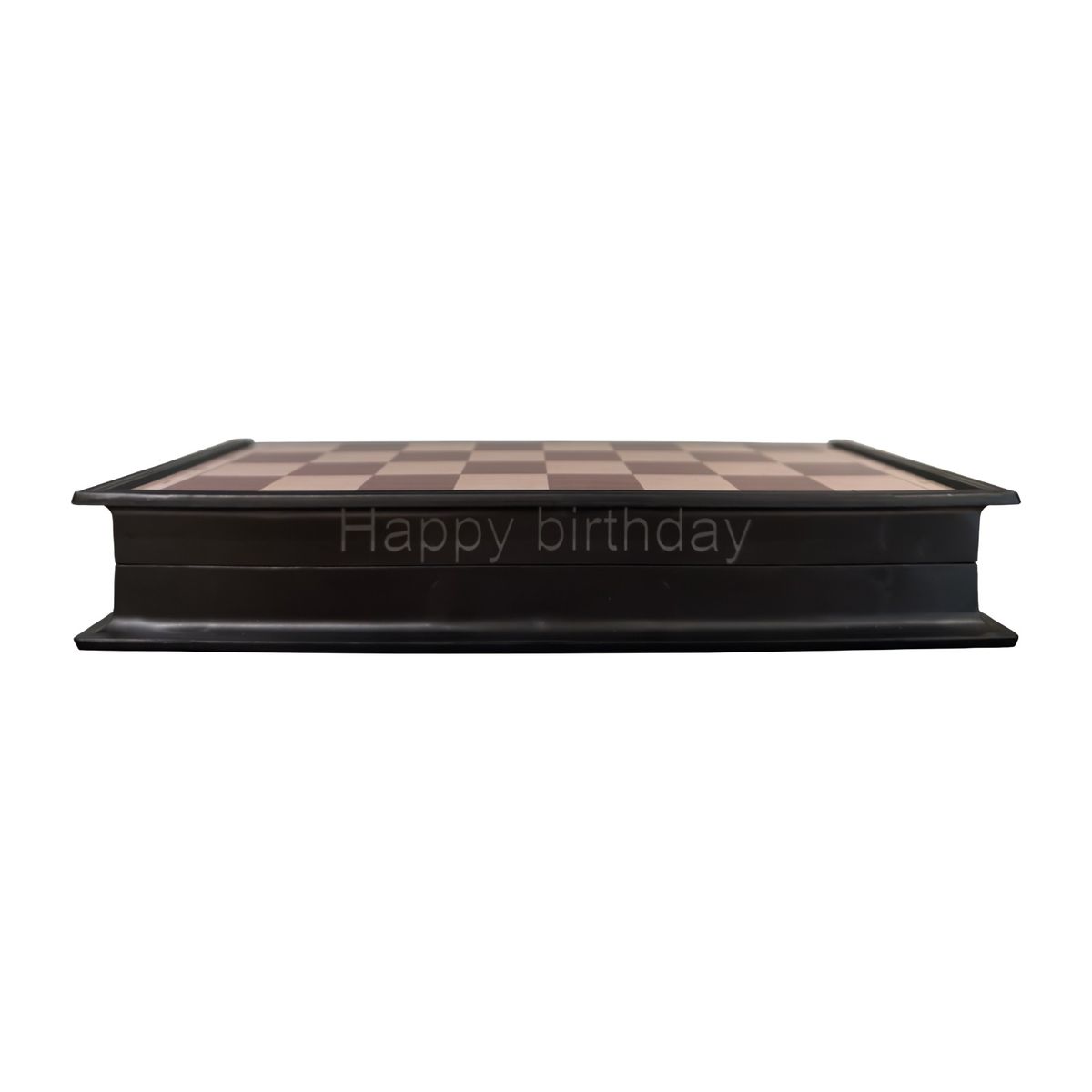 Brown personalized chess set engraving.