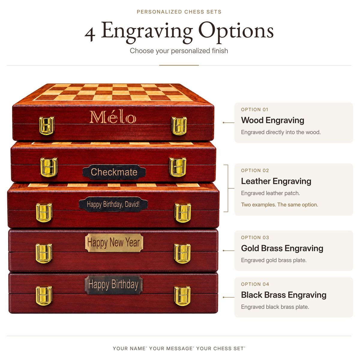 Chess set wood leather brass engraving options.