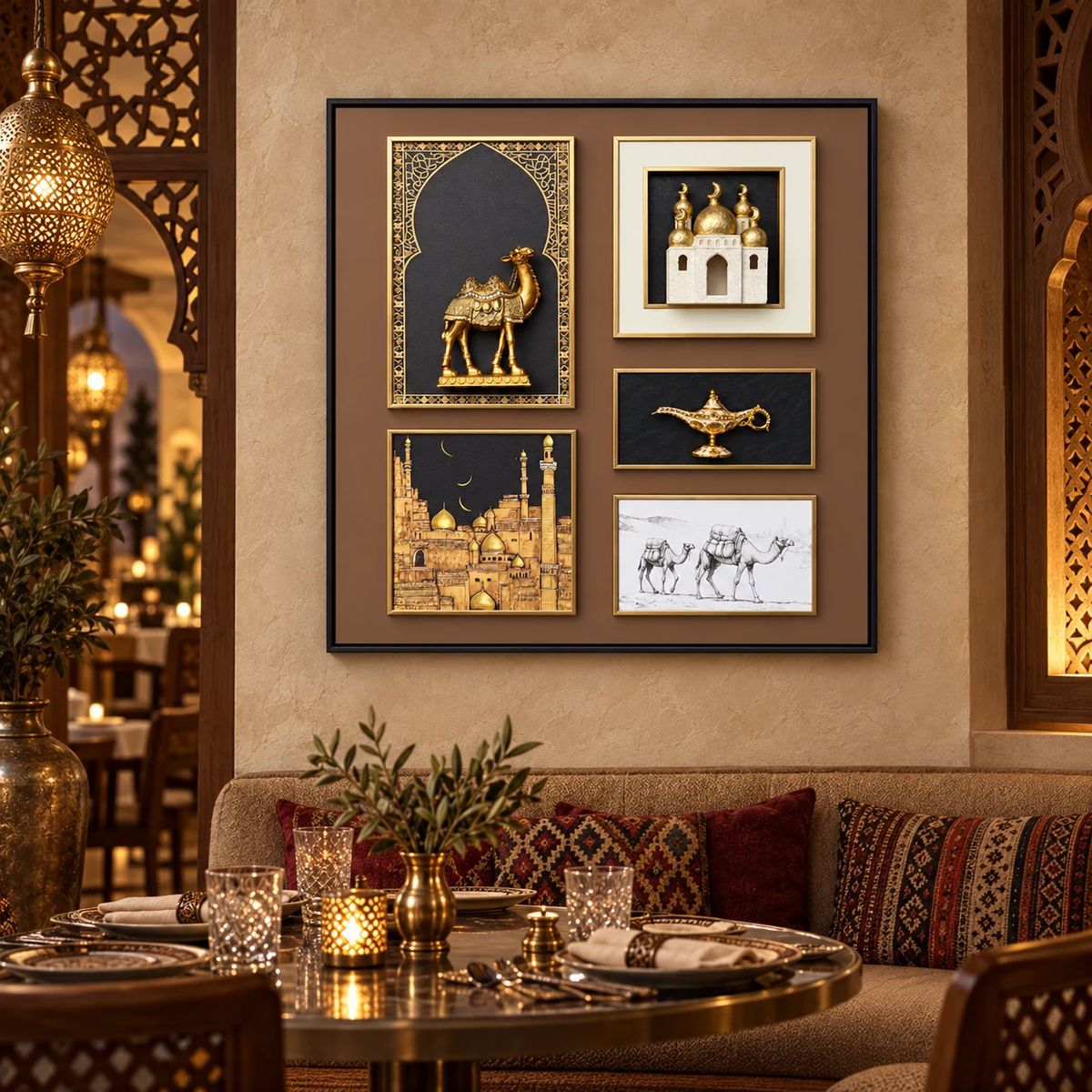 Arabian Wall Art with Raised Camel Objects, shown from a different room angle