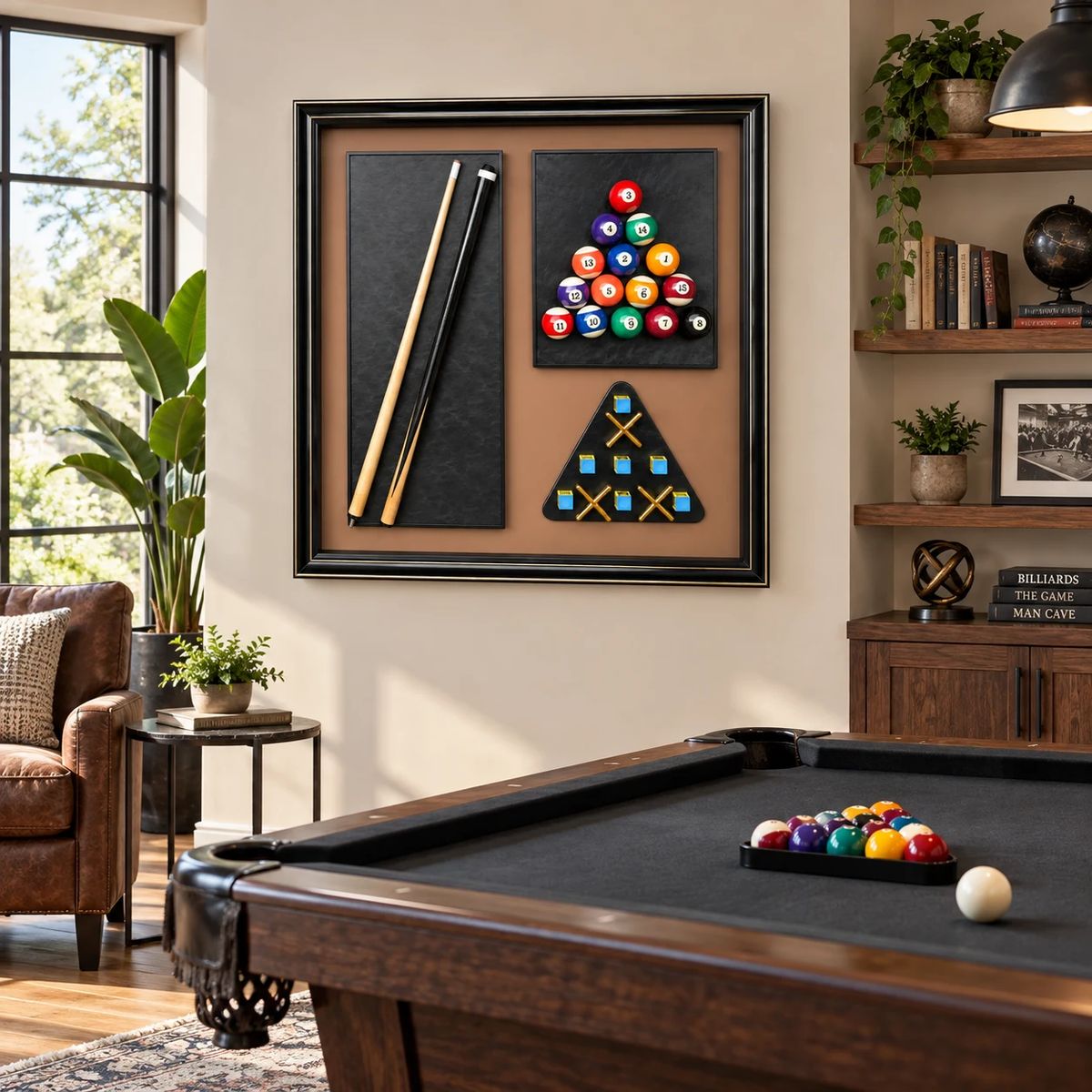 Games Room Wall Art with Real Pool Balls, shown from a different room angle