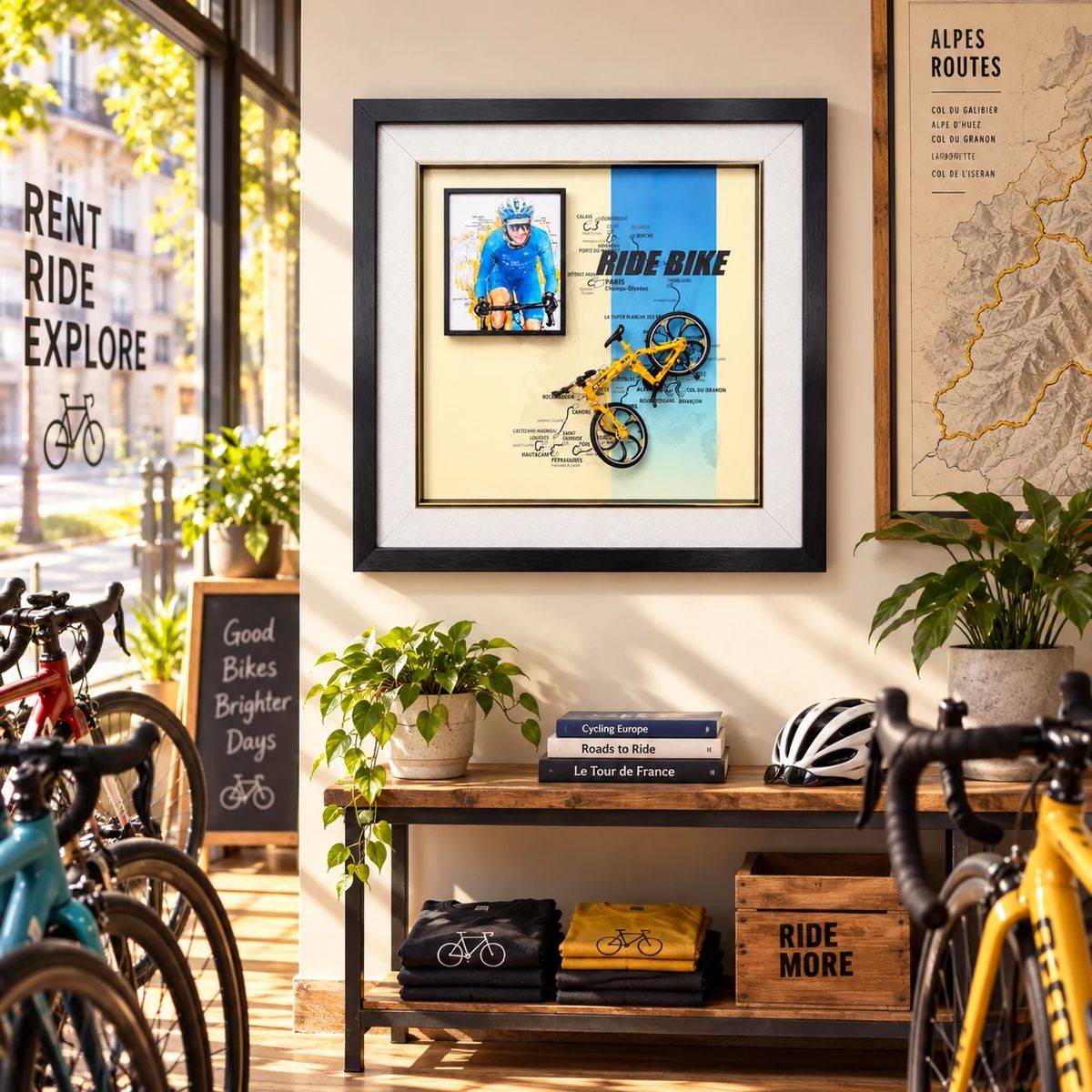 Framed Cycling Wall Art with Miniature Bicycle | 54cm