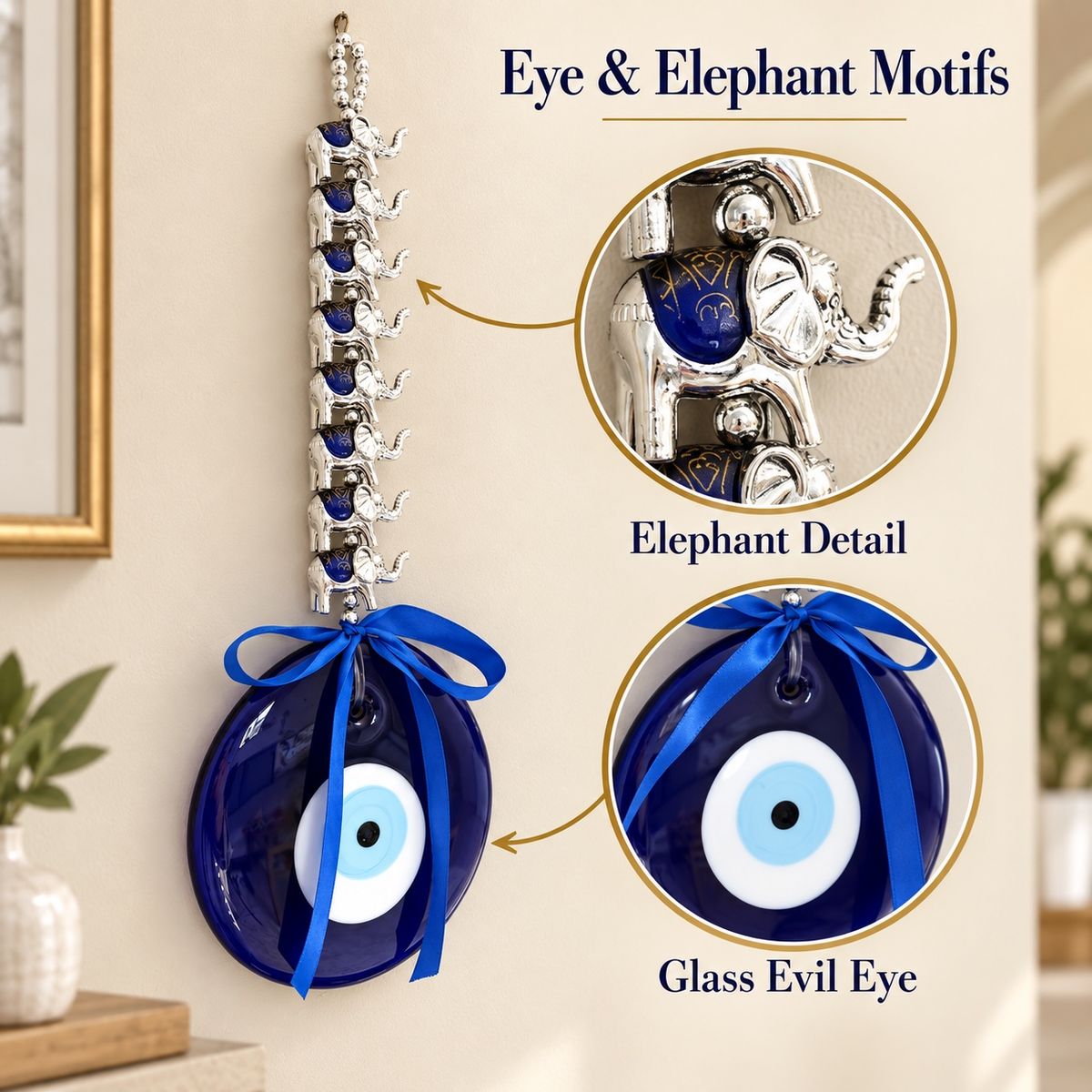 Detail of the blue eye and repeating elephant motifs