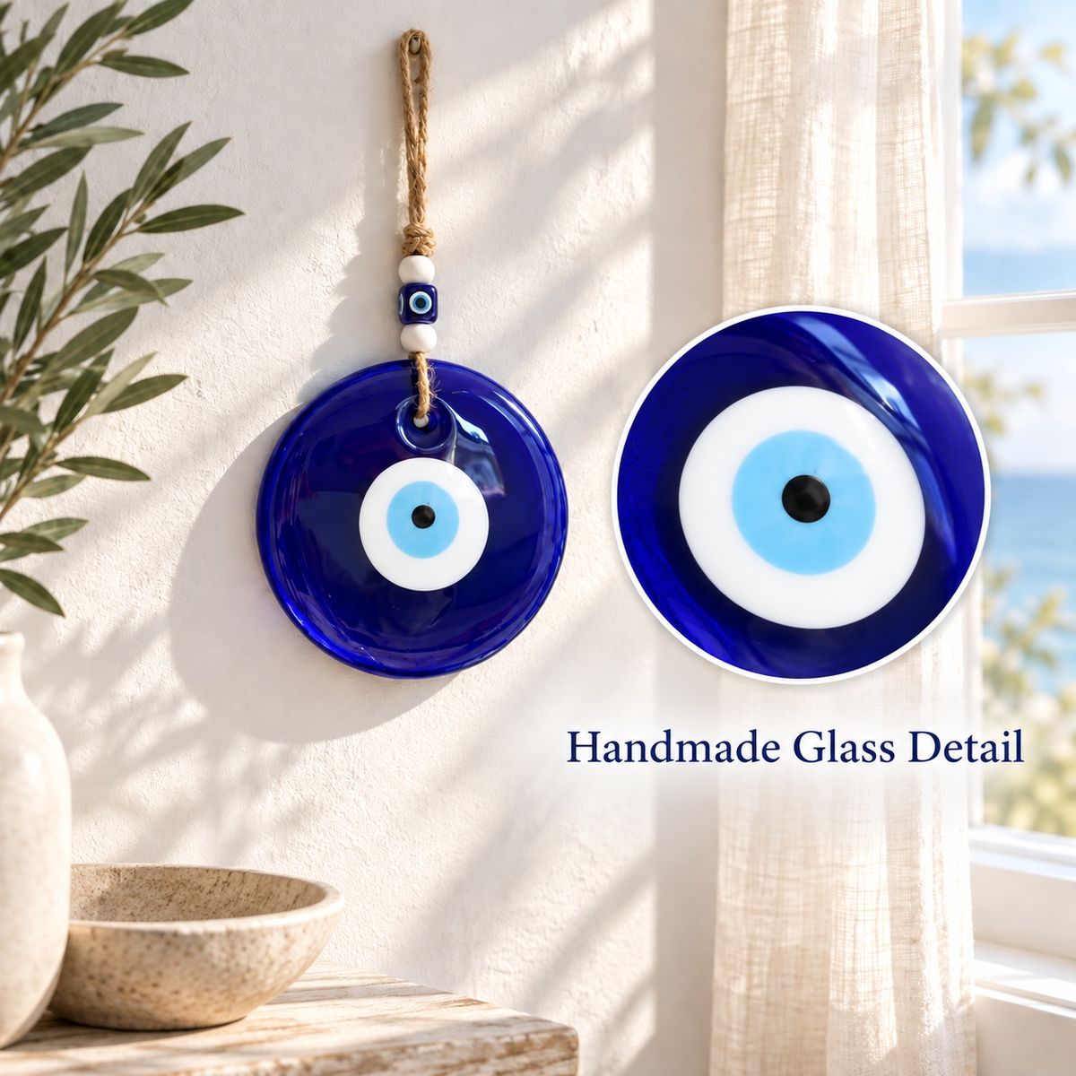 Close-up of the handmade blue glass evil eye surface