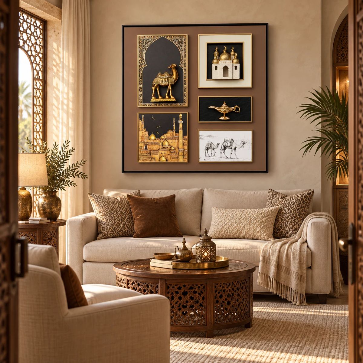 Arabian Wall Art with Raised Camel Objects, styled above furniture in a real room