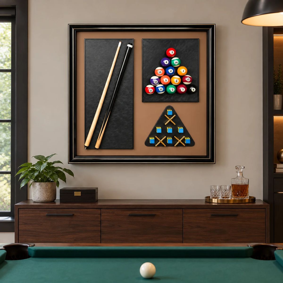 Games Room Wall Art with Real Pool Balls, styled above furniture in a real room