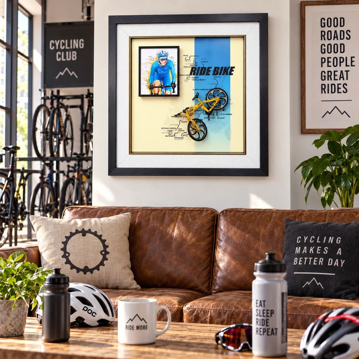 Framed Cycling Wall Art with Miniature Bicycle | 54cm