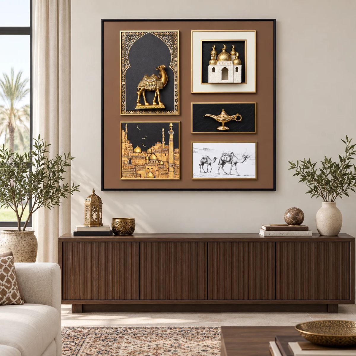 Arabian Wall Art with Raised Camel Objects, displayed in a contemporary interior