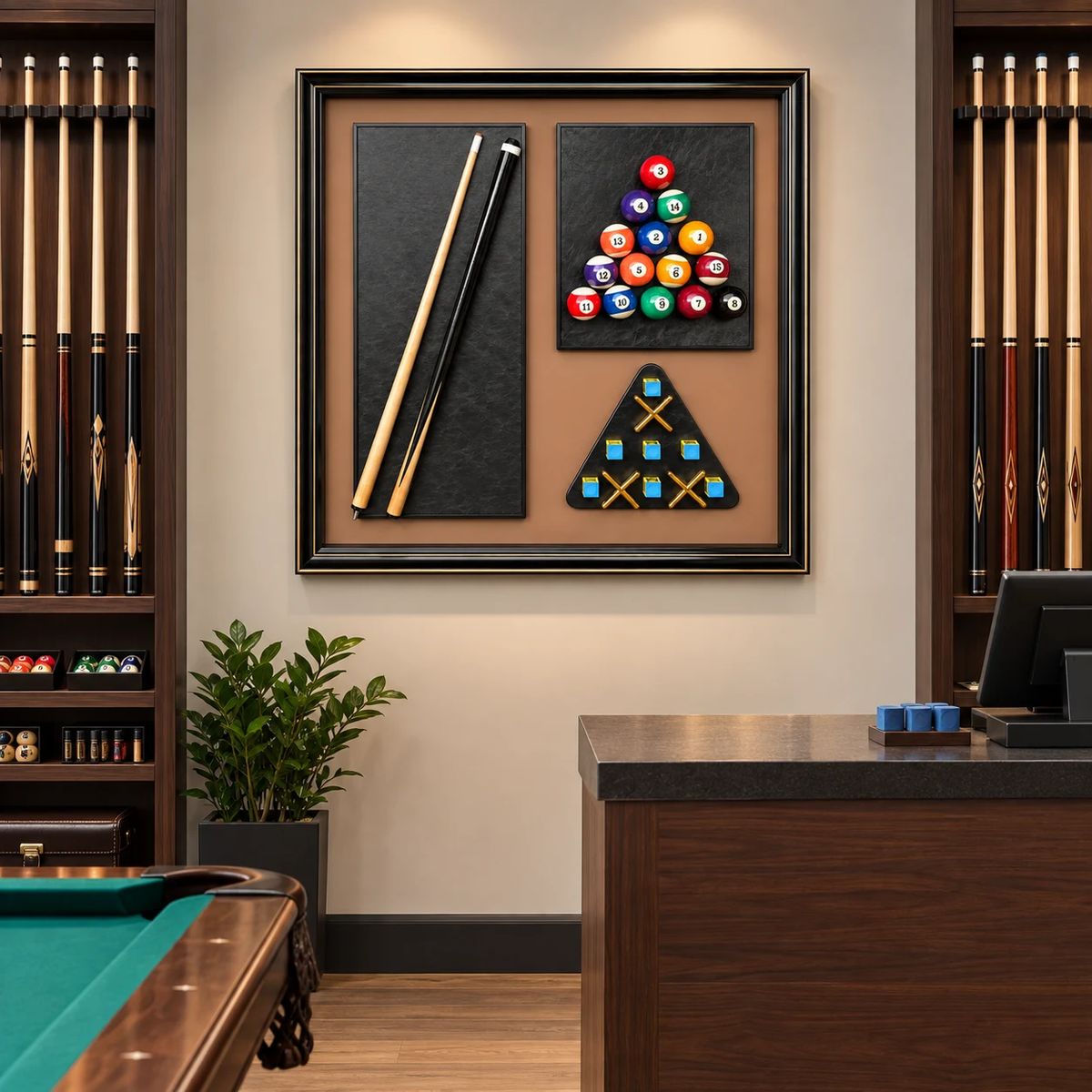 Games Room Wall Art with Real Pool Balls, displayed in a contemporary interior