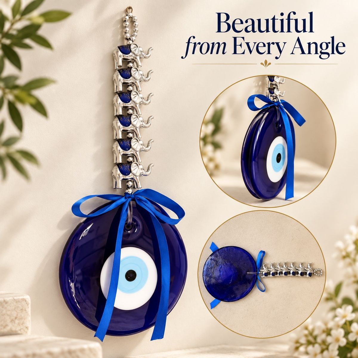 Front and angled views of the evil eye and elephant wall hanging