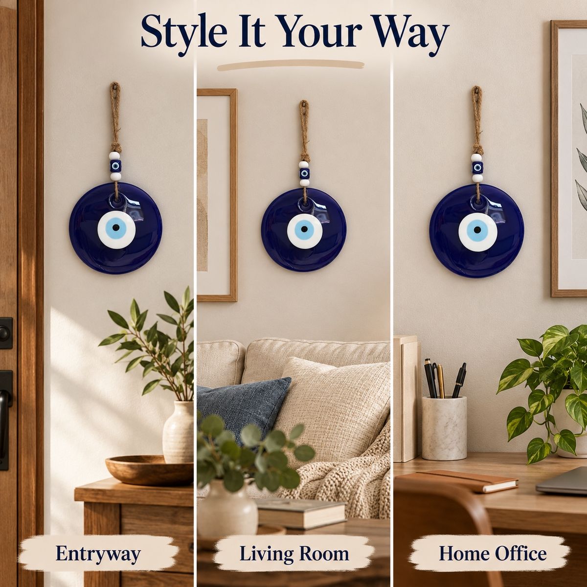 Turkish evil eye glass wall hanging styled in different indoor spaces