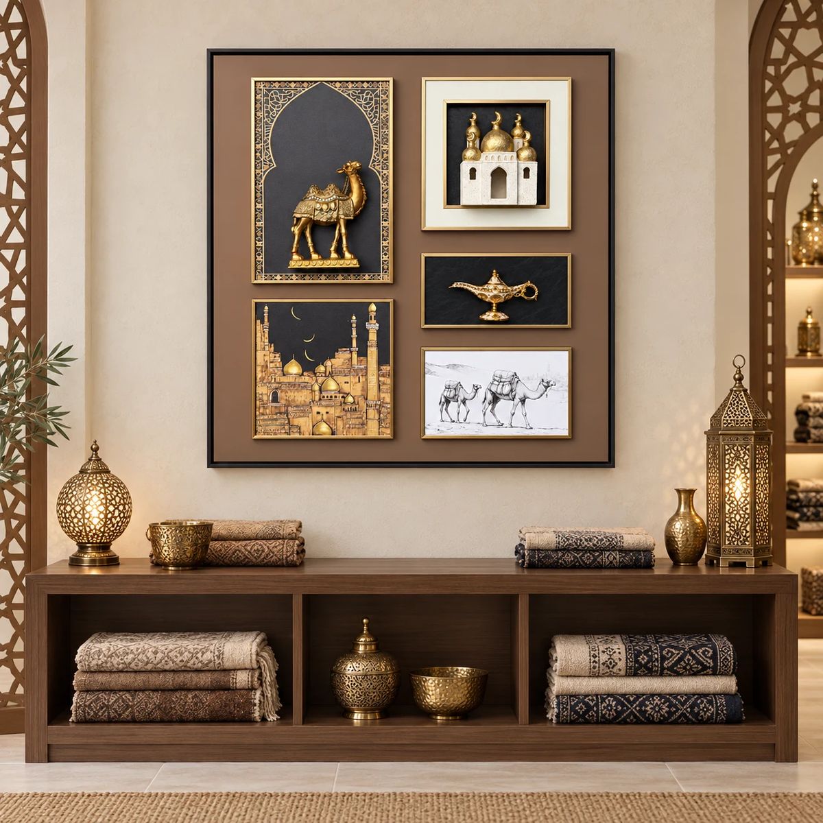 Arabian Wall Art with Raised Camel Objects, shown in a warm neutral room