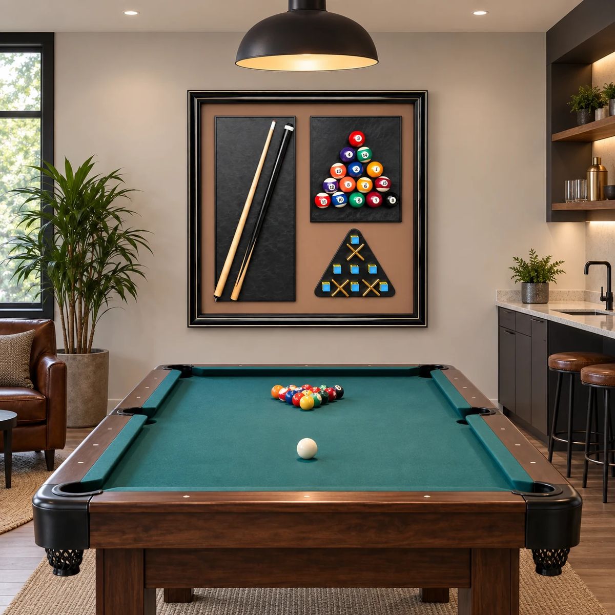 Games Room Wall Art with Real Pool Balls, shown in a warm neutral room